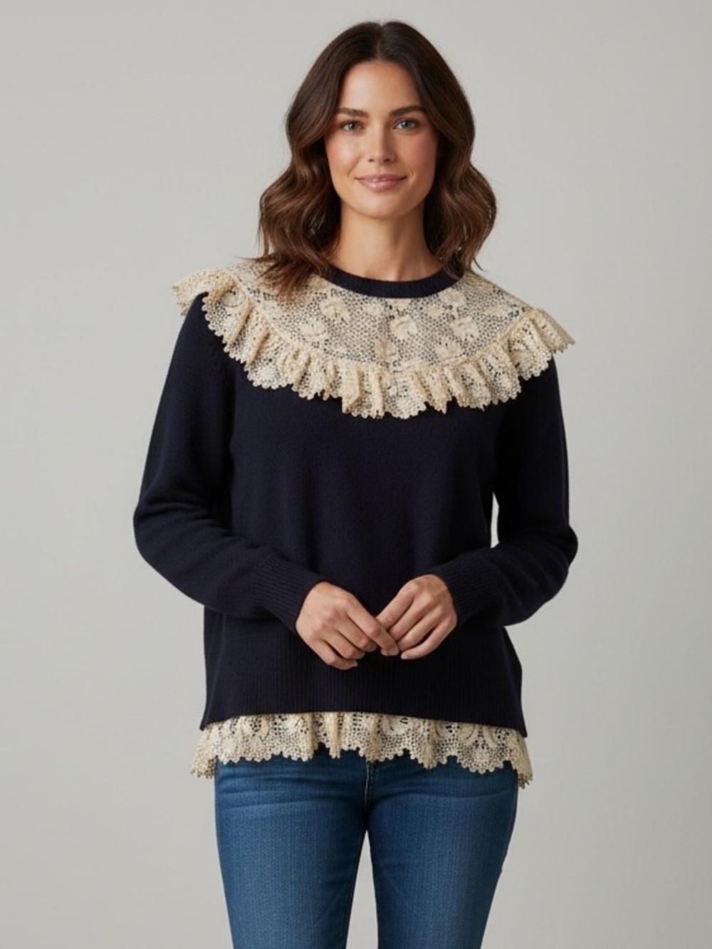 Sea New York Navy Crewneck Sweater with Cream Lace Ruffle